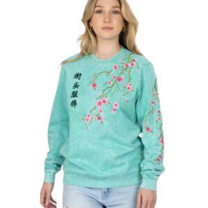 Blind Rooster Womens Streetwear  Sweatshirt Green Cherry Blossom Embroidered XL